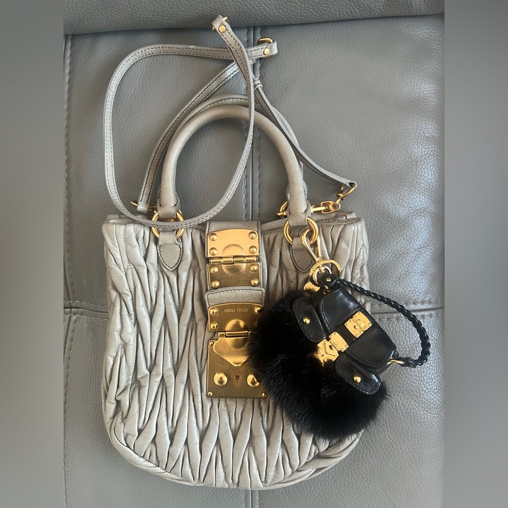 Authentic Miu Miu Matelasse Bag Leather Gray Gold with Miu Miu Fur Bag Chain